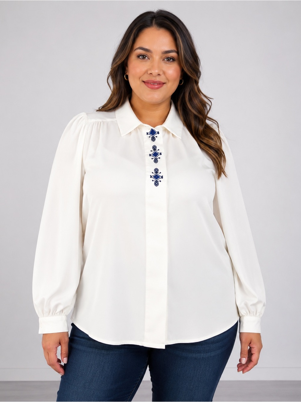 Koret Women's Ivory Embroidered Button-Up
Blouse Size Large Long Sleeve